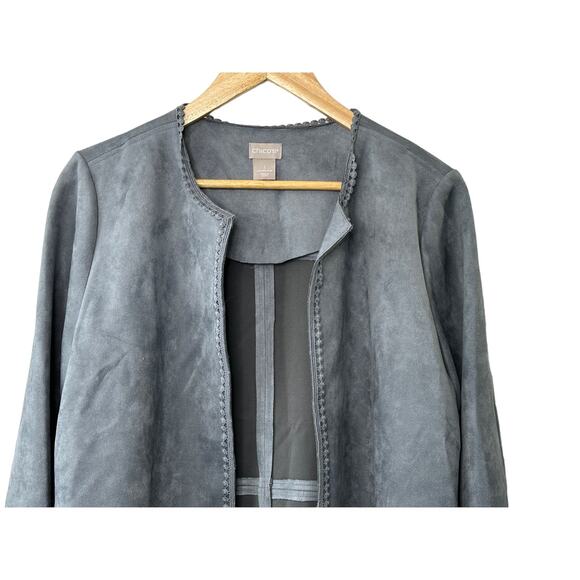 Chico's Gray Faux-Suede Trim-Detail Fringe Jacket Women's Size Medium 8 10 - Picture 2 of 13